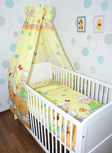 Primawela Baby Bettset Bettwäsche mit Himmel Vollstoff - Schaf Gelb - Bettausstattung Set (7 teilig)