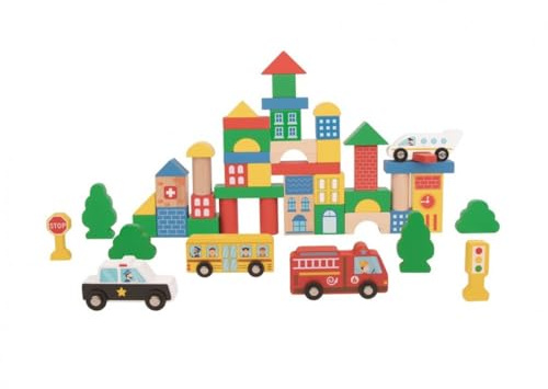 Tooky Toy Holz Bauklötze Stadt Set FSC Holz: Holzbausteine Spielzeug, Montessori Lernspielzeug, Fördert Motorische, Kognitive, Soziale & Emotionale Entwicklung, Geschenk ab 2 Jahren