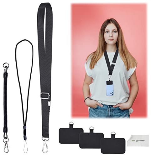 Eco-Fused Telefon-Riemen - 3-Fach Verstellbarer Nacken- und Handgelenksriemen und dehnbares Halteband mit Handy-Pads - Universal-Lanyards für alle Smartphones mit vollflächigen Schutzhüllen