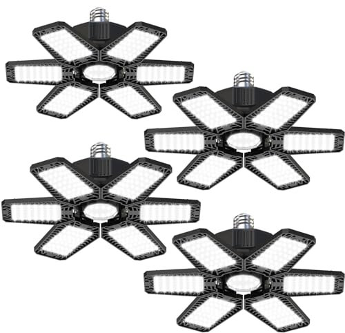 YIQIBRO Eclairage LED Garage 185W 4 Pièces, E27/E26 Eclairage Atelier Déformable 6+1 Panneau Ajustables, 18500LM 6500K Blanc Froid Plafonnier LED Garage pour Sous sol, Atelier, Entrepôt, Bureau