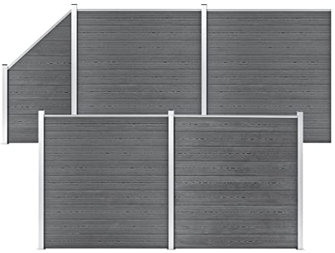 Gartenzaun Komplett Set | 4 Quadrate + 1 Schräge | Sichtschutz Zaun | Wind-UV-Schutz für Garten Pool | Grau | Verbundwerkstoff+Aluminiumpfosten | 792x186cm