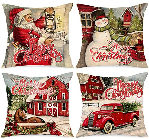 Lanpn 4 Stück Vintage Kissenbezug Weihnachten Kissenhülle 45x45 cm, Retro Rustikal Weihnachtsmann Dekorative Weihnachtskissen für Weihnachtsdeko Christmas Bettwäsche Sofa Decorations
