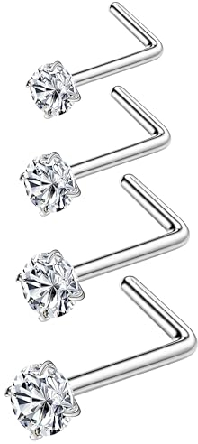 Diamday 4 Stück 20G Nasenstecker L-Form Nasenringe Edelstahl Nasenpiercing Stift Gebogen Ohrstecker Ringe Hypoallergen Nase Nostril Piercing für Frauen Männer 1.5mm 2mm 2.5mm 3mm Silber