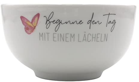 Müslischale, Frühstücksschale, Schüssel aus Porzellan, Motiv: Beginne den Tag mit einem Lächeln - H/Ø ca. 7 x 13 cm, Fassungsvermögen ca. 450 ml
