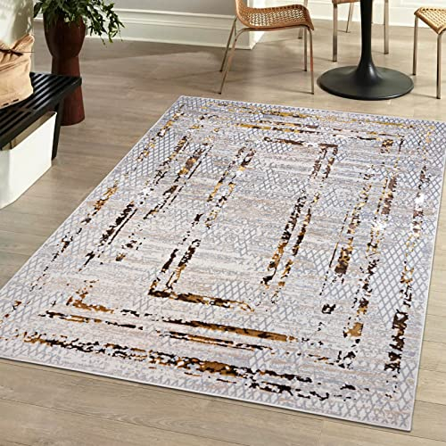Mazovia Modern Teppich Wohnzimmer, Kurzflor elegant glänzender - Abstrakt Design - Wohnzimmerteppich in Beige Creme mit Gold 80 x 150 cm