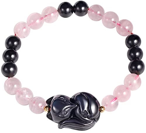 XHUUU Rose Quartz with Black Obsidian Fox Bracelets for Women Crystals and Gemstones Reiki Stone Bring Good Luck Bracelet