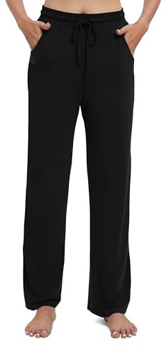 EXCHIC Damen Freizeit Elastische Gerades Bein Hose Lounge Mittel Taille Weite Yoga Hosen mit Taschen(S, Schwarz)