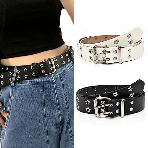 GIMIRO Punk Gürtel Damen Gürtel für Jeans, Bund für Mantel, Hohlnietengürtel,Doppelreihe von Sternlöchern,Stabile quadratische Schnalle mit 2 Pins (Black + White)