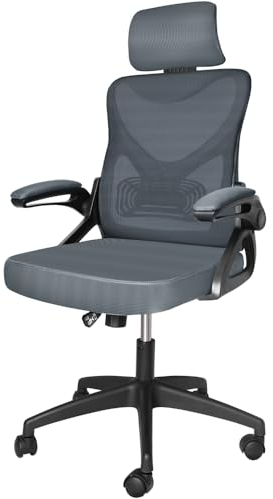 VOUNOT® Silla Oficina Ergonómica, Silla de Escritorio para Ordenador, Ajustable y Reclinable con Reposacabezas, Soporte Lumbar y Reposabrazos Abatibles, Malla Transpirable Ruedas Giratorias 360°, Gris