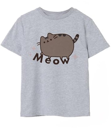 Pusheen Girls T-Shirt in Grey | Kids Meow Cat Grey Marl Graphic Tee | Short-Sleeved Internet Cat Top | Comfortable & Stylish Cute Daywear | Merchandise Gift for Children & Teens
