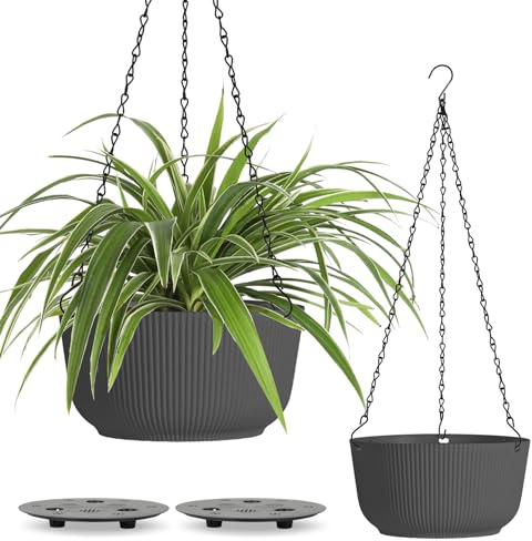 T4U Φ20cm Blumentopf Hängend Plastik 2er Set, Hängetöpfe für Pflanzen mit Ketten, Blumenampel mit Wasserspeicher zum Garten Balkon Wohnzimmer Blumenampel Innen für Hängeampel Pflanzen Schwarz Matt