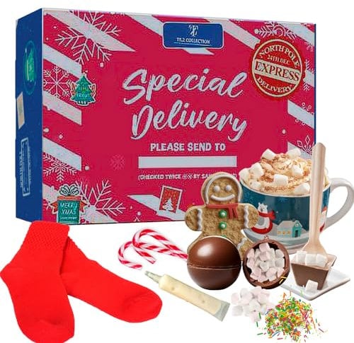 TILZ COLLECTION Coffret cadeau pour chocolat chaud avec tasse, boîte de Noël et panier de Noël rempli pour enfants | Mélangeur pour chocolat chaud, bombes de chocolat chaud avec guimauve
