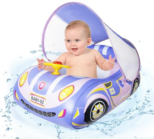 Flotador Bebe con Sombrilla Ninonly Flotador de Piscina para Niños de Protección Solar UPF50+ Extraíble Flotador Bebe Inflable Ideal para Niños Piscina de Natación para Niños de 3 A 36 Meses Morado