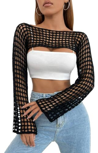 Mincib Damen-Bolero, Y2K-Stil, gehäkelt, Lochstrickmuster, durchsichtig, bauchfrei, Strickpullover