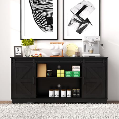 Panana Wooden Sideboard Kitchen Cabinet Storage Cupboard with 2 Sliding Barn Doors TV Stand Farmhouse Style for Living Room (Black)