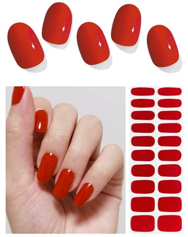 AutyaMee Semi Cured Gel Nail Strips (Red), 20 Pcs Gel Nail Wraps, Stickers, UV Light Required, Salon Quality, Long Lasting