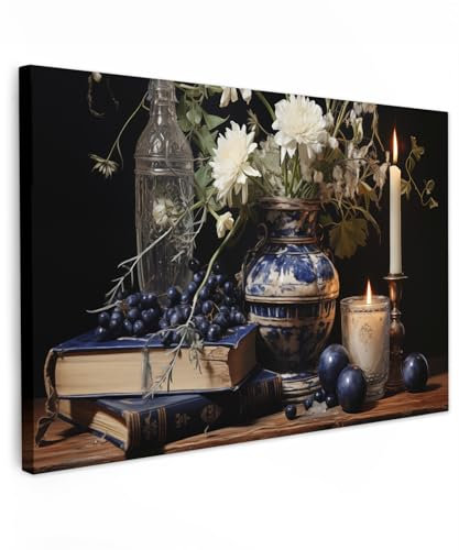 MuchoWow© Impression sur Toile Photo Peinture 60x40 cm Tableau Decoration Murale Chambre Salon Maison Deco Cuisine Nature morte - Fleurs - Bougies - Bleu de Delft - Blanc
