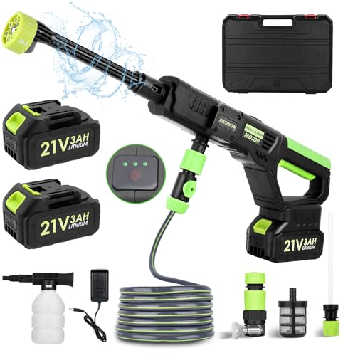 Hidrolimpiadora de Alta presión, Pistola de Agua a presión con 2 Baterias, Kit Limpieza Coche Portátil, De Mano, Lavado Eléctrico, Manguera Extensible 5 m