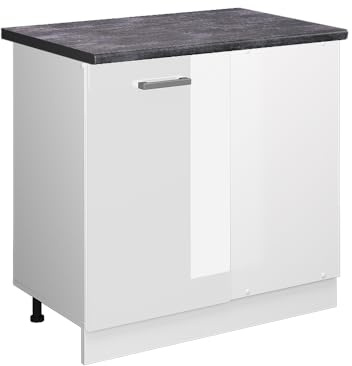 Vicco Eckunterschrank R-Line, Weiß Hochglanz, 86 cm | Verbindet zwei Küchenseiten · Arbeitsplatte Anthrazit · Höhenverst. Füße · 1 Tür · Großer Innenraum