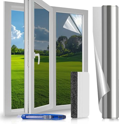 Fensterfolie Sonnenschutzfolie Fenster Innen - 60x400 cm - Spiegelfolie Fenster Sichtschutz, Spiegelfolie Selbstklebend, UV-Schutz Sichtschutzfolie Fenster, Silber Hitzeschutzfolie für Haus, Büro