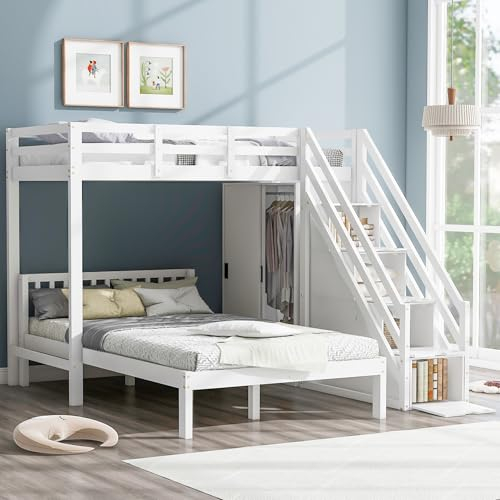 Idemon Letto a castello con guardaroba, 90 x 200 cm + 120 x 200 cm, multifunzionale per bambini, con scaletta, grande spazio di archiviazione, senza materasso, legno massiccio e MDF, bianco