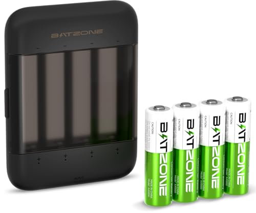 BATZONE Lithium Batterie AA, Batterien AA Wiederaufladbar 4-Pack, 2500mWh AA akkus Wiederaufladbar mit Integrierter Charing Aufbewahrungsbox(Kein Ladekabel)