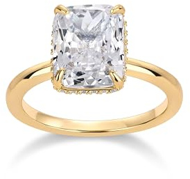 PAVOI 14K Yellow Gold Plated Radiant Cut Engagement Ring for Women | Hidden Halo Ring | Size 6