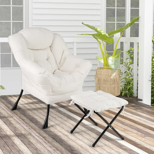 RELAX4LIFE Fauteuil de Bureau avec Repose-Pied, Fauteuil Scandinave en Sherpa avec Appui-tête-Poche Latérale-Patins Antidérapants, Fauteuil Coiffeuse Confortable pour Salon Chambre, Beige