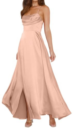 Robe de demoiselle d'honneur en satin extra longue à bretelles spaghetti Robes d'invité de mariage, rose gold, 46