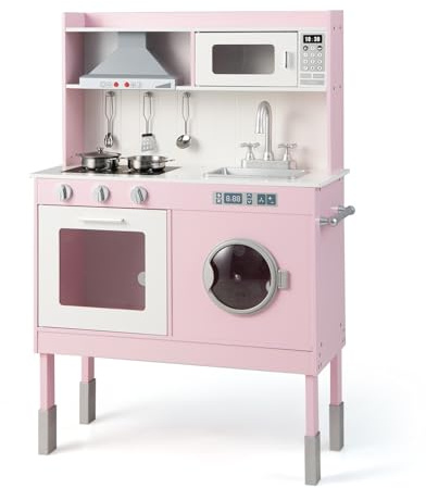 DREAMADE Cuisine Enfant, Jouet d’Imitation de Cuisine Hauteur Reglable avec Hotte, Machine à Laver, Évier Vrais Sons et Lumières, Ensemble de Jeu pour 3+Ans