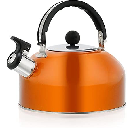 2L Whistling Camping Kettle, Stainless Steel Whistling Stovetop Tea Kettle Portable Lightweight Teapot for Camping Trips Hiking Travel (Orange)