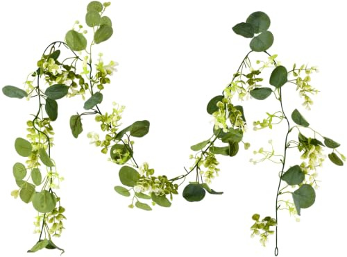 Künstliche Eukalyptus Girlande, 180cm Eukalyptus Girlande, Eukalyptus Pflanze Girlanden Weidenblättern Grüne Blätter Weiße Blume Eukalyptus Deko für Hochzeiten Partys Esstische Kaminsimse Türrahmen