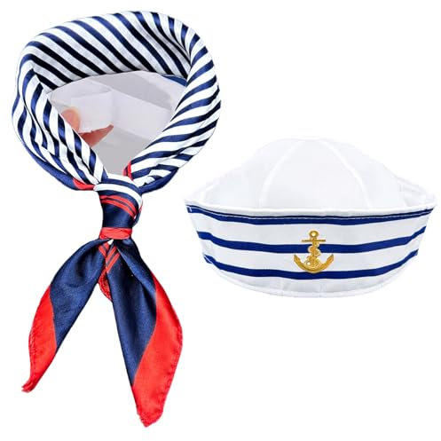 KECDRU Matrosenmütze Und Schal Für Herren Damen Mädchen Matrosen Kostüm Blau Und Weiß Verstellbar Universal Matrosen Mütze Mit Schal Für Frauen Herren Karneval Verkleidung Party Cosplay