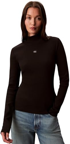 Calvin Klein Women's Long Sleeve Woven Top with Roll Neck, Black (Black), S