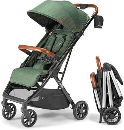 Bombi Bebee V2 leichter Kinderwagen – erstklassiges veganes Leder, einhändig faltbar, unendliche Neigung, Rahmen aus Flugzeugaluminium, XXL-Baldachin und reichlich Stauraum – Jägergrün