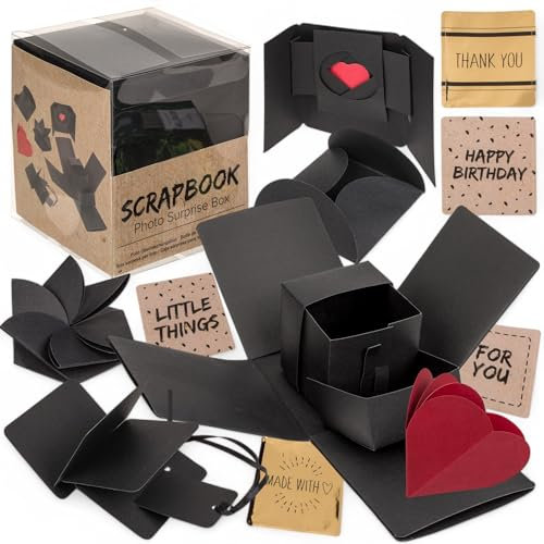MIJOMA Foto Überraschungsbox – Kreative Explosionsbox zum Selbstgestalten, DIY Scrapbook Geschenkbox für Fotos & Erinnerungen, ca. 12 x 11 cm, Schwarz