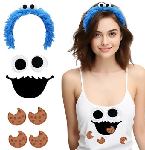 Makoto Nobu Krümelmonster kostüm Damen Kinder, Cookie Haarreif krümelmonster Keks Augen Mund aufkleber Cookie Kostüm Accessorie, für Fasching Karneval Halloween Maskerade Cosplay