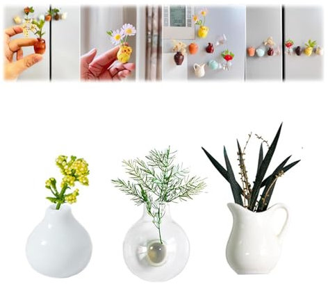 3PACK Mini Ceramic Vase Magnets for Fridge,Cute Mini Bud Vases Magnetic,Funny Magnetic Flower Pot Vases 3D Plant Magnets for Refrigerator Kitchen Locker Office Decoration