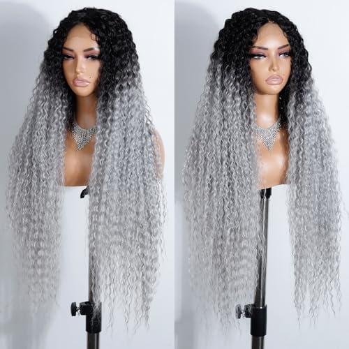 Style Icon Super Long Curly Synthetic Lace Front Wigs for Women 38 inch Ombre Gray T Part Lace Deep Wave Wigs Pre Plucked Hairline with Baby Hair (TT4/M.GREY)