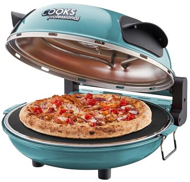 Cooks Professional Electric Pizza Oven with 31cm Stone Base, Glass Window, Timer, Stainless Steel Paddles & Baking Sheet | Energy Efficient Portable Countertop Pizza Maker Machine 1200W | Teal