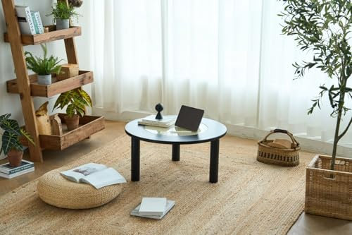 Mesa de centro redonda de madera maciza de pino con cristal de seguridad y aspecto de ratán, 3 tamaños (diámetro 40/60/80 cm), diseño natural, mesa auxiliar, mesa auxiliar de madera para salón y