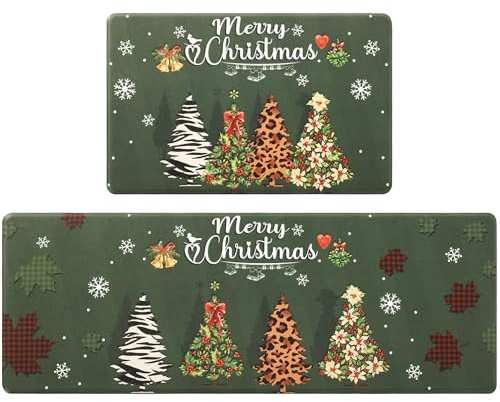 Carvapet Christmas Non Slip Kitchen Mat Anti Fatigue Standing Mats Cushioned Comfort Kitchen Floor Mats PVC Waterproof Runner Rug for Standing Desk, Kitchen, Office (Christmas,44x70+44x120cm)