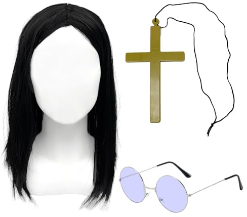 YAUOIPI 3 Pcs Prince of Darkness Accessory Set Rock Star Legend Hippie Costume Kit Long Black Wig Gold Cross Purple Glasses for Halloween 60/70/80s Party Music TV Film Celebrity Cosplay