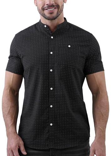 Enorsia Mens Black Regular Fit Printed Grandad Collar Shirt, Short Sleeve Cotton Rich Stretch Casual Shirt for Men, Polka Dot Summer Holiday Shirt for Smart Casual Wear