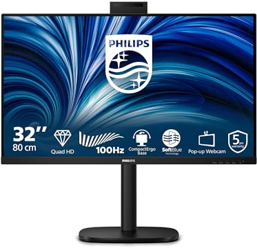PHILIPS Monitor 32B2U3601H 32 pollici 2560x1440, WQHD, 100Hz, IPS Panel, 4ms GtG, USB HubWebcam, Speakers, Height Adjustment, (HDMI1x 2.0 DP 1x 1.4) Nero