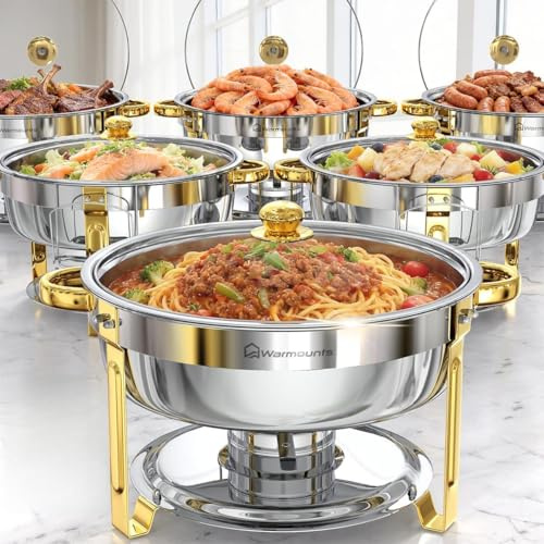 Warmounts 6L Chafing Dishes for Buffet 6 Pack, Round Stainless Steel Food Warmers with Glass Lid & Gold Trim, Stackable Catering Chafers Serving Dishes with Lid Holder for Parties, Weddings