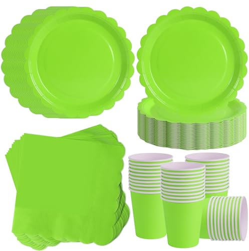 ZblPyro 120 Pièces Vert Fluo vaisselle jetable anniversaire pour 40 Invités | 18cm assiette jetable festonnée, gobelets carton, serviettes, apéro d'été, barbecue, soirée entre amis.