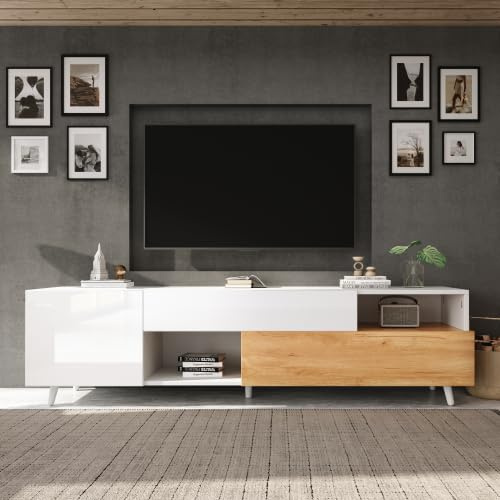 Merax TV Schrank 180x38x50 cm – Lowboard mit Hochglanz Weiß, 1 Schublade, 2 Türen mit Falttür und Halboffenen Fächern, TV Board für Fernseher bis 75 Zoll, Modernes Wohnzimmer Möbel