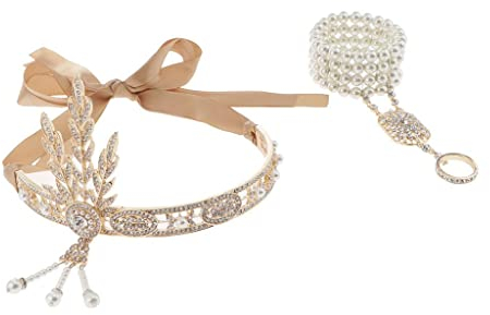 Sharplace Damen 1920s Stirnband 20er Jahre Strass Perlen Haarband Kopfband Kopfschmuck mit Armband, Kostüm Accessoires, Gold