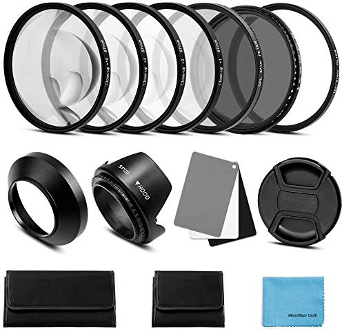 58mm Lens Filter Accessories Kit:UV CPL Adjustable ND Filter(ND2-ND400),Macro Close up Filter Set(+1,+2,+4,+10),Lens Hood,3 in 1 Grey Card for Canon Nikon Sony Pentax Olympus Fuji DSRL Camera
